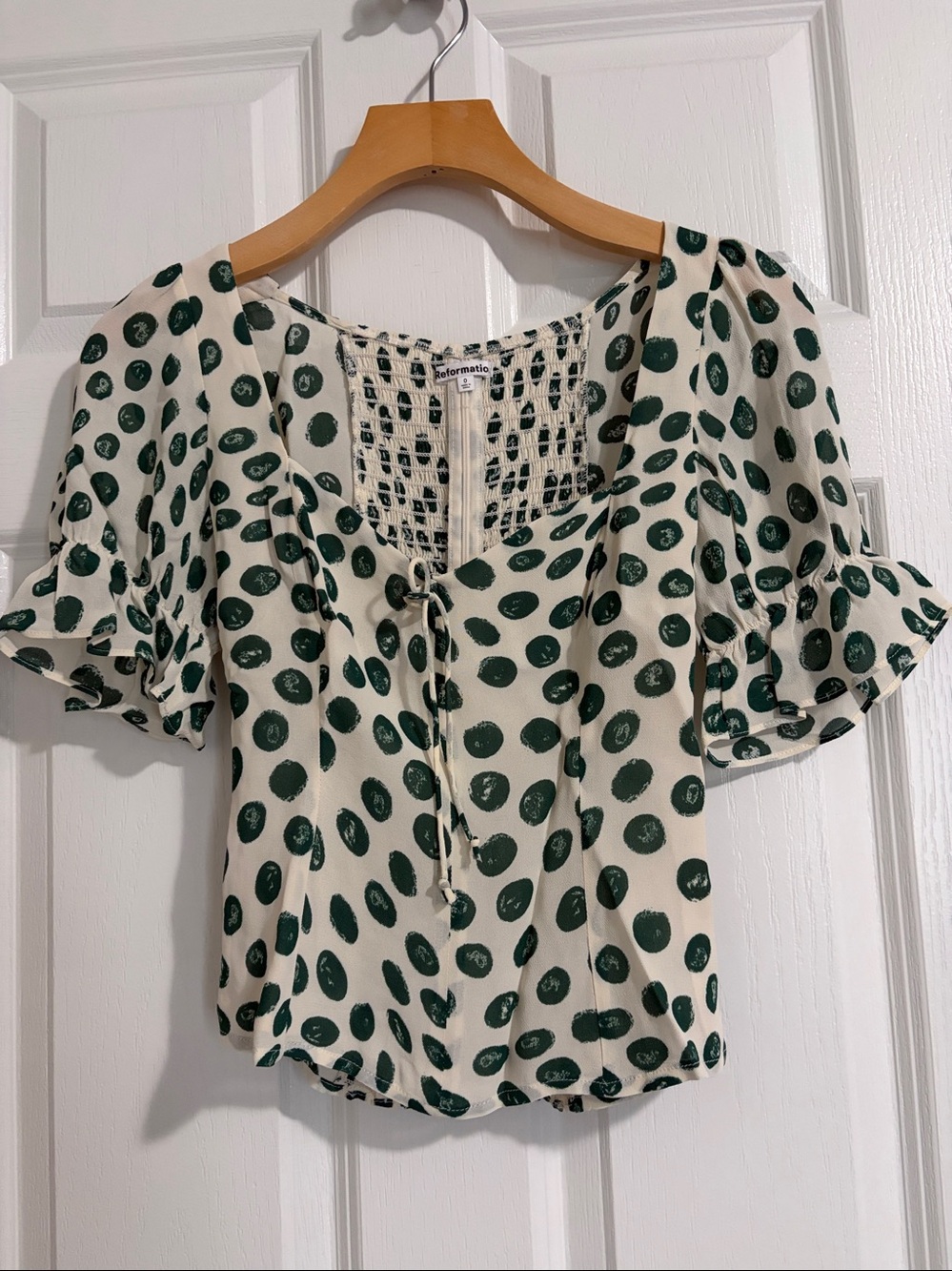 Reformation Floral Smocked Milkmaid Top Size 0 Cream Green